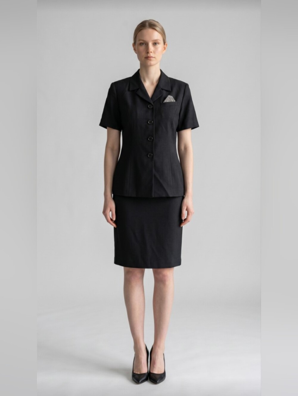 PRESTON & YORK PETITES! LINEN+! BLACK 2 PC SHORT SLEEVED SKIRT SUIT SET! SZ 6P
